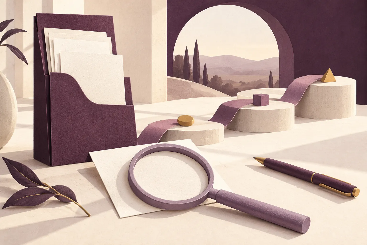 Editorial illustration of an organised folio, a magnifying glass and a connected path.